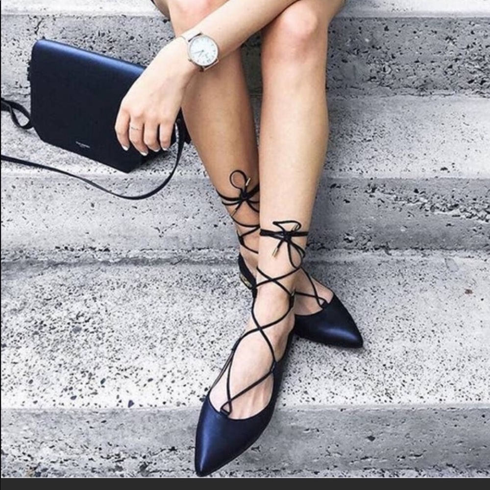 Aquazzura Black Lace-Up Pointed Toe Flats